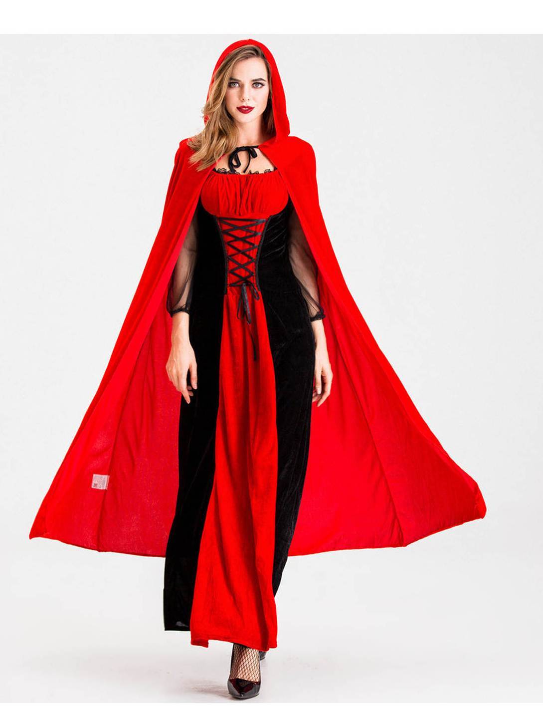 Women's Red Hooded Cape Maxi Dress Costume, Lace Up Waist Long Dress with Cloak, Fairytale Gothic Halloween Cosplay Outfit for Carnival Theme Party - Image 6