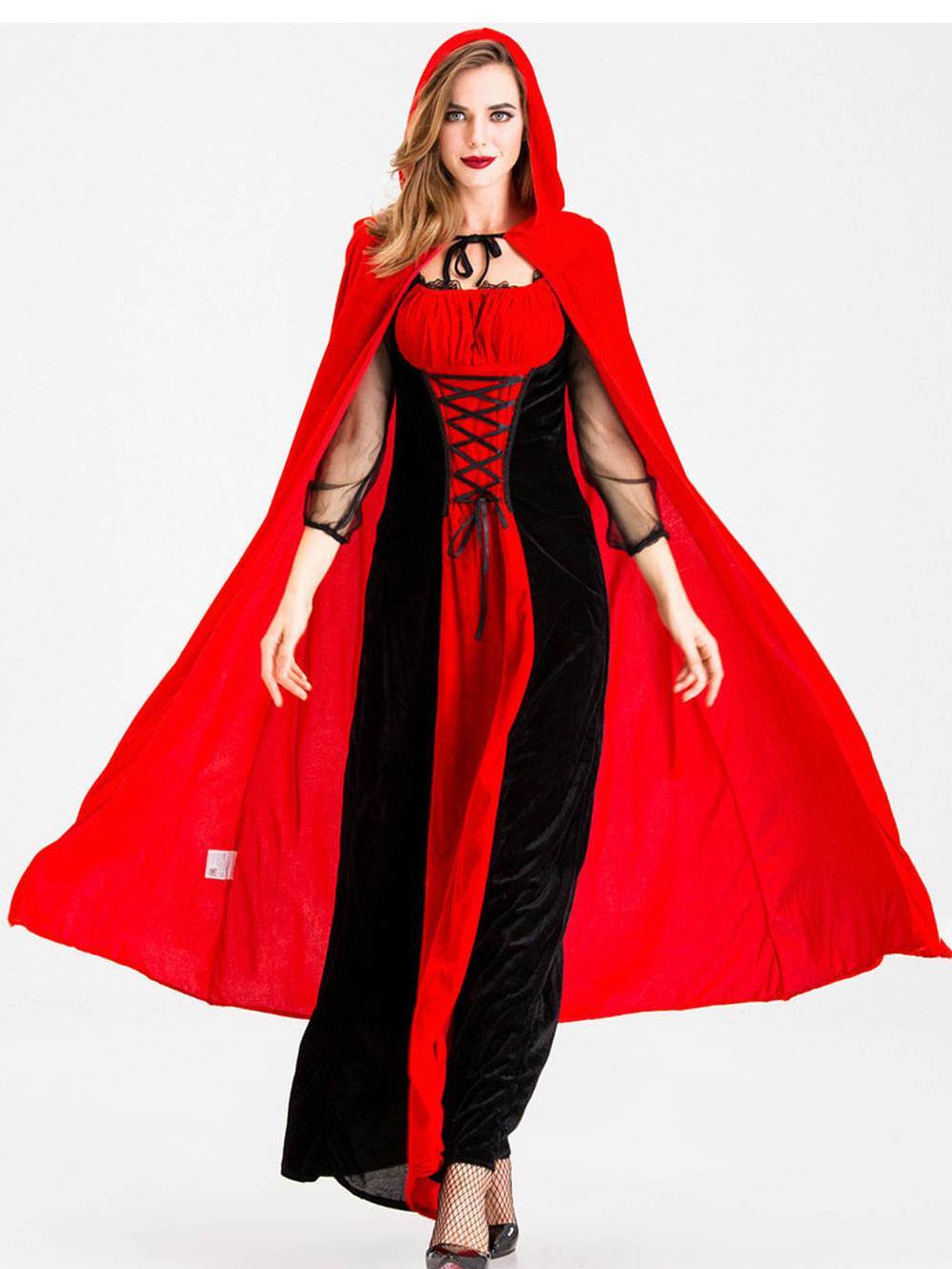 Women's Red Hooded Cape Maxi Dress Costume, Lace Up Waist Long Dress with Cloak, Fairytale Gothic Halloween Cosplay Outfit for Carnival Theme Party - Image 3