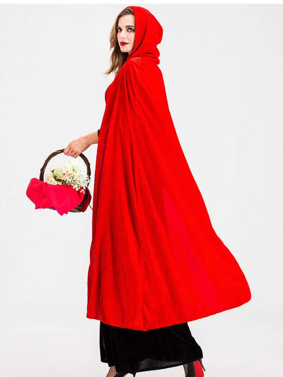 Women's Red Hooded Cape Maxi Dress Costume, Lace Up Waist Long Dress with Cloak, Fairytale Gothic Halloween Cosplay Outfit for Carnival Theme Party - Image 8