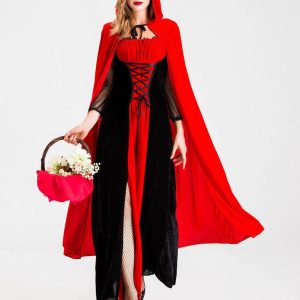 Women's Red Hooded Cape Maxi Dress Costume, Lace Up Waist Long Dress with Cloak, Fairytale Gothic Halloween Cosplay Outfit for Carnival Theme Party