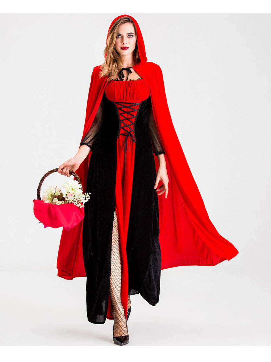 Women's Red Hooded Cape Maxi Dress Costume, Lace Up Waist Long Dress with Cloak, Fairytale Gothic Halloween Cosplay Outfit for Carnival Theme Party