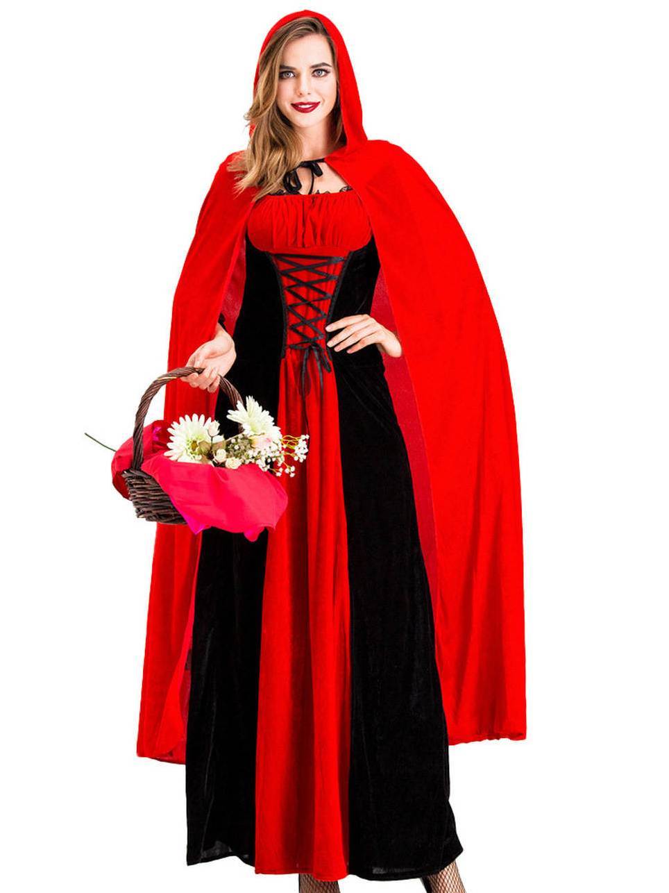 Women's Red Hooded Cape Maxi Dress Costume, Lace Up Waist Long Dress with Cloak, Fairytale Gothic Halloween Cosplay Outfit for Carnival Theme Party - Image 4