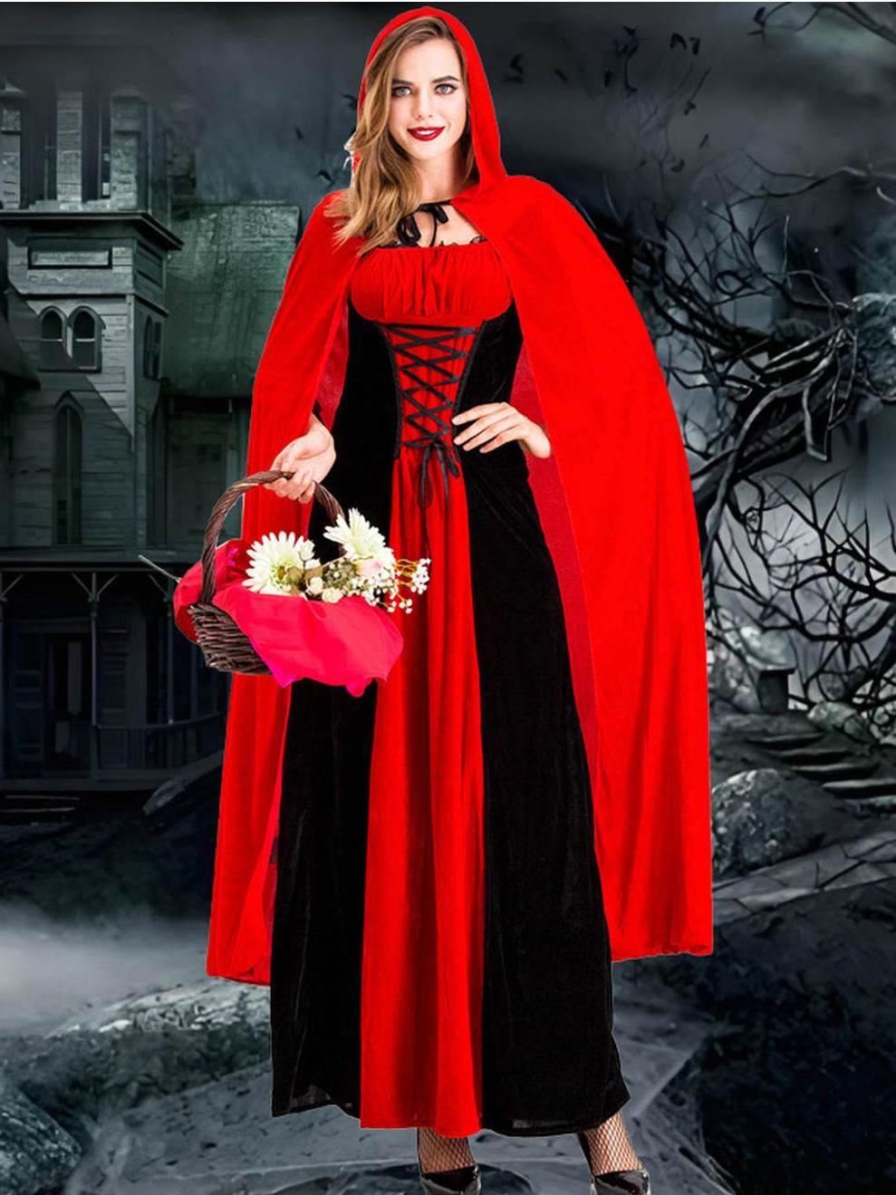 Women's Red Hooded Cape Maxi Dress Costume, Lace Up Waist Long Dress with Cloak, Fairytale Gothic Halloween Cosplay Outfit for Carnival Theme Party - Image 2