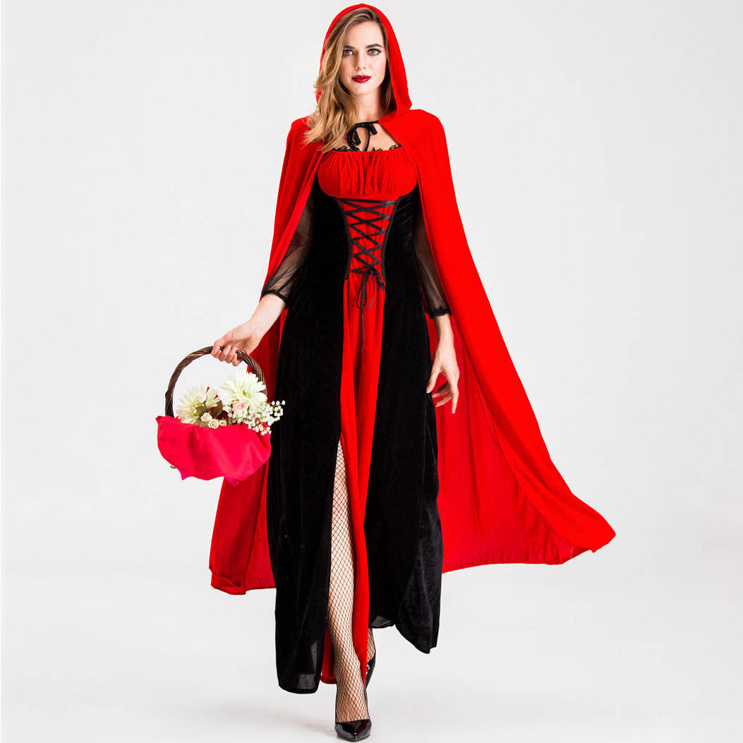 Women's Red Hooded Cape Maxi Dress Costume, Lace Up Waist Long Dress with Cloak, Fairytale Gothic Halloween Cosplay Outfit for Carnival Theme Party