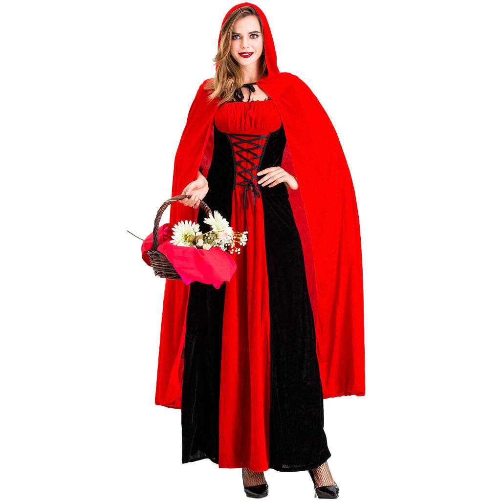 Women's Red Hooded Cape Maxi Dress Costume, Lace Up Waist Long Dress with Cloak, Fairytale Gothic Halloween Cosplay Outfit for Carnival Theme Party