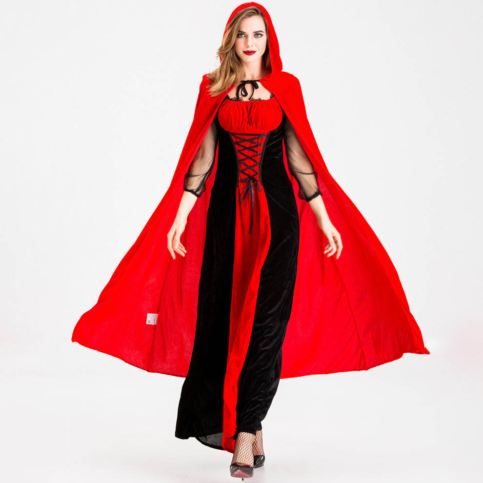 Women's Red Hooded Cape Maxi Dress Costume, Lace Up Waist Long Dress with Cloak, Fairytale Gothic Halloween Cosplay Outfit for Carnival Theme Party