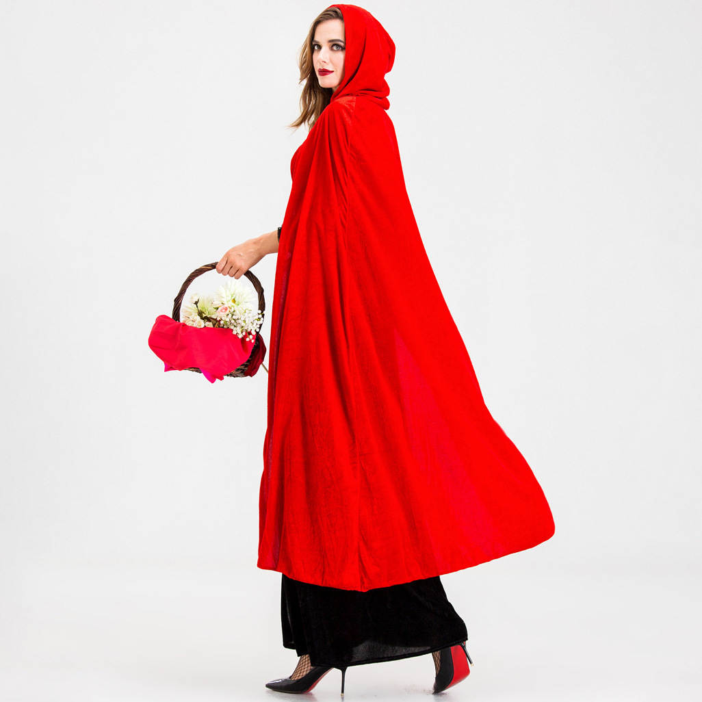 Women's Red Hooded Cape Maxi Dress Costume, Lace Up Waist Long Dress with Cloak, Fairytale Gothic Halloween Cosplay Outfit for Carnival Theme Party