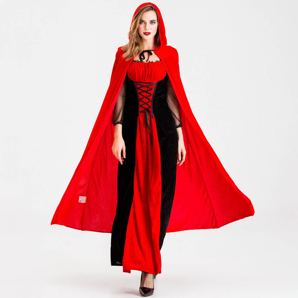 Women's Red Hooded Cape Maxi Dress Costume, Lace Up Waist Long Dress with Cloak, Fairytale Gothic Halloween Cosplay Outfit for Carnival Theme Party