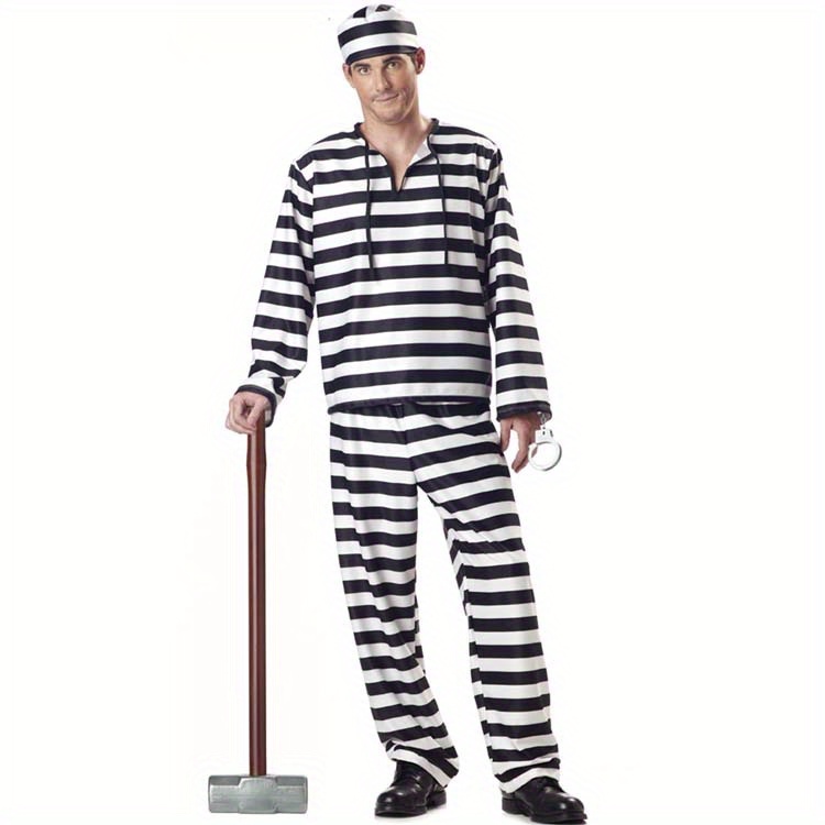 [Halloween] Halloween Costume Male Prisoner Costume Makeup Ball Party Costume Violent Men's Stripe Prisoner Costume 357, Role Play Outfits Men