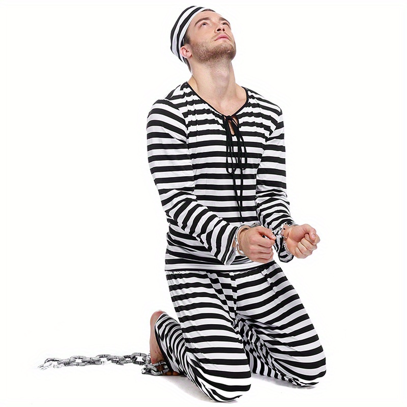 [Halloween] Halloween Costume Male Prisoner Costume Makeup Ball Party Costume Violent Men's Stripe Prisoner Costume 357, Role Play Outfits Men