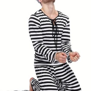 [Halloween] Halloween Costume Male Prisoner Costume Makeup Ball Party Costume Violent Men's Stripe Prisoner Costume 357, Role Play Outfits Men