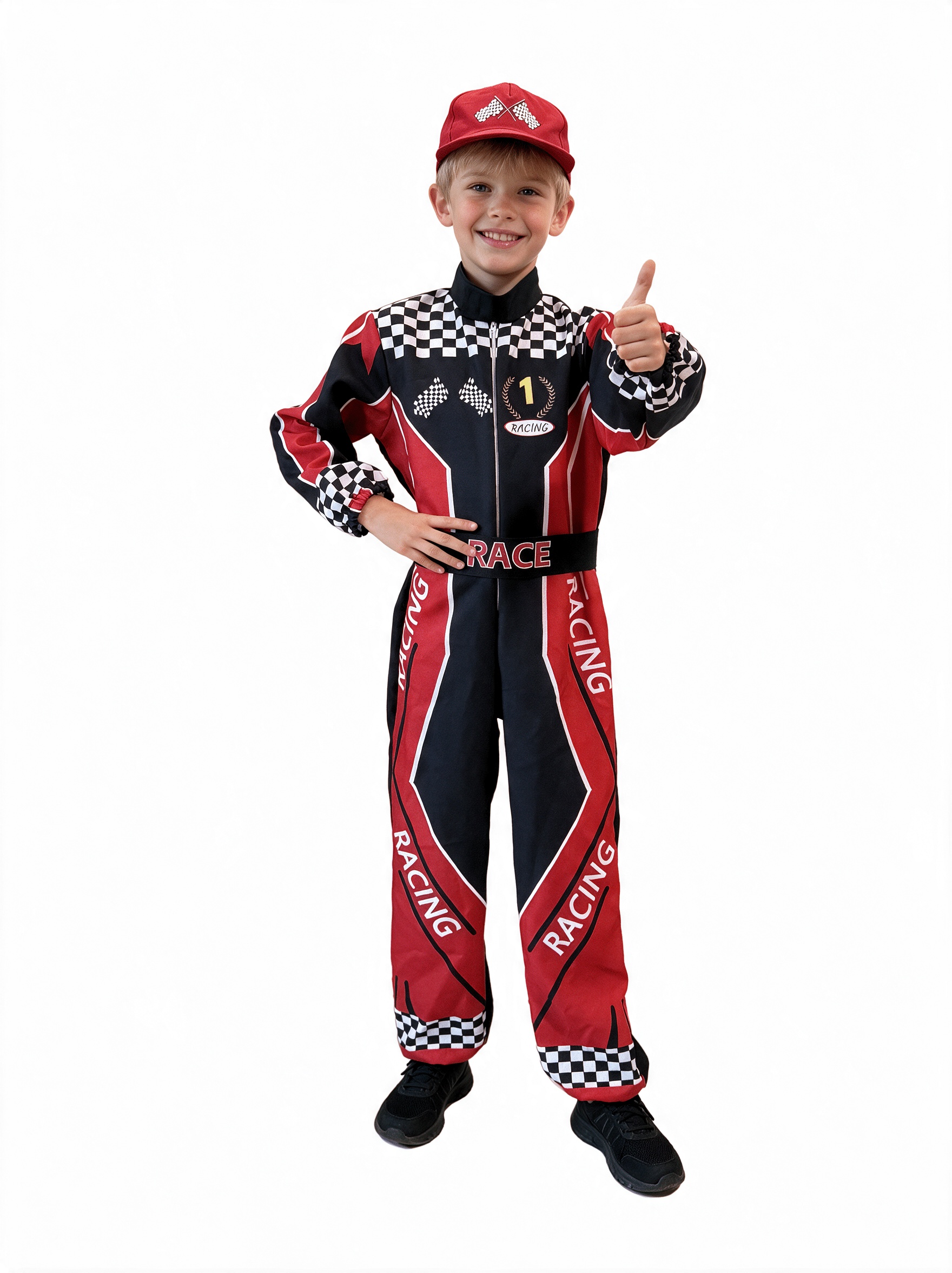 Handsome Boy Racing Suit, Set Includes Jumpsuit, Belt, and Hat, Suitable for Carnivals, Halloween, Stage Performances, Cosplay, Birthdays, and Various Parties