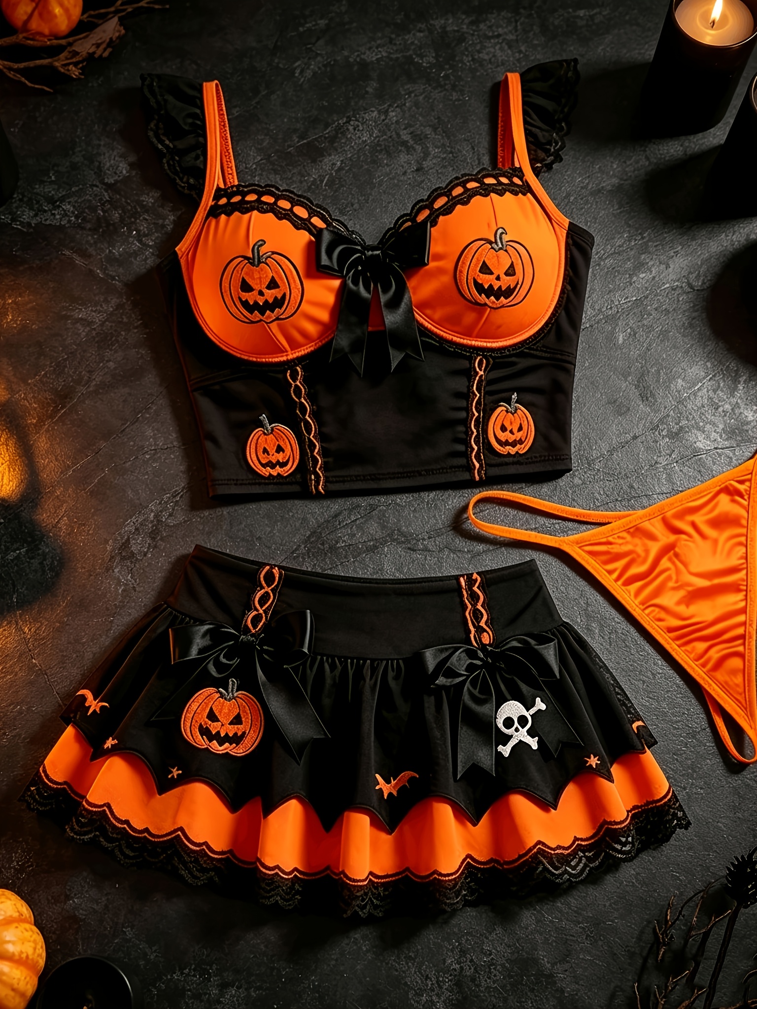 3pcs Halloween Lingerie Set for Women, Pumpkin Embroidery Witch Bustier Mini Skirt with Matching Thong, Gothic Spooky Pumpkin Festival Cosplay Costume - Image 3