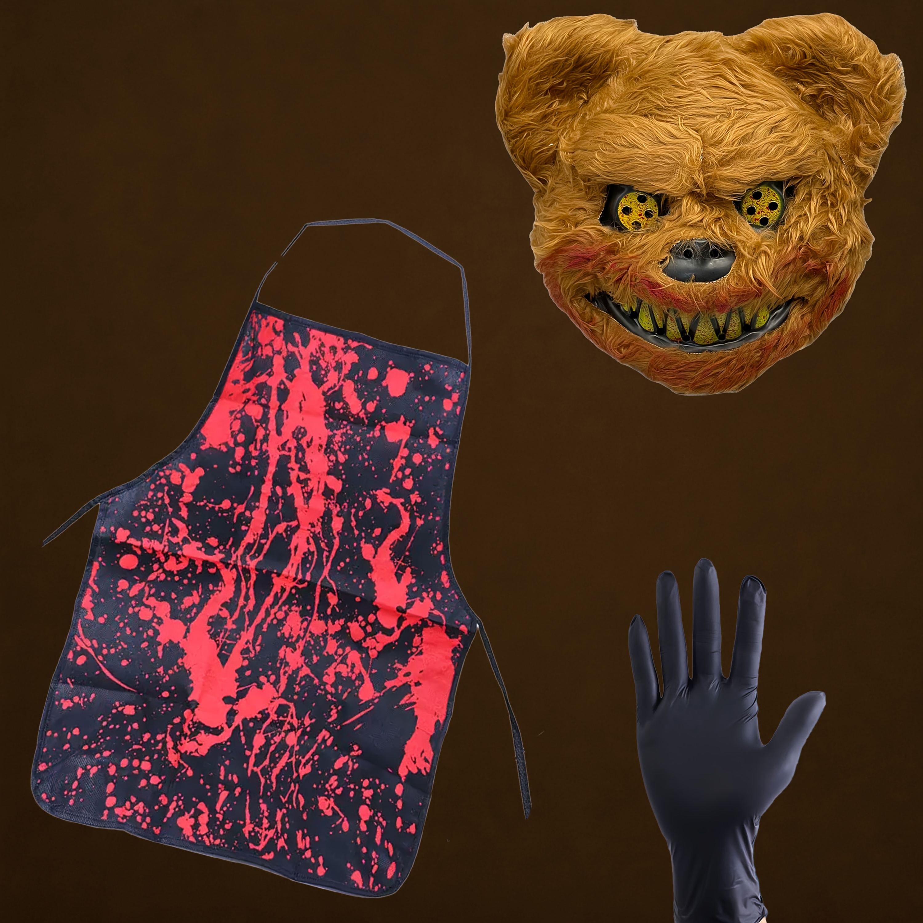 3pcs Mask + Apron + Gloves - Terrifying Halloween Costume Mask Set: Bloody Bear and Rabbit Costume Combo. The Set Includes a Mask, Apron, and Gloves, Suitable for Use as Costumes on Halloween Night, Carnivals, and Horror Parties. Unisex