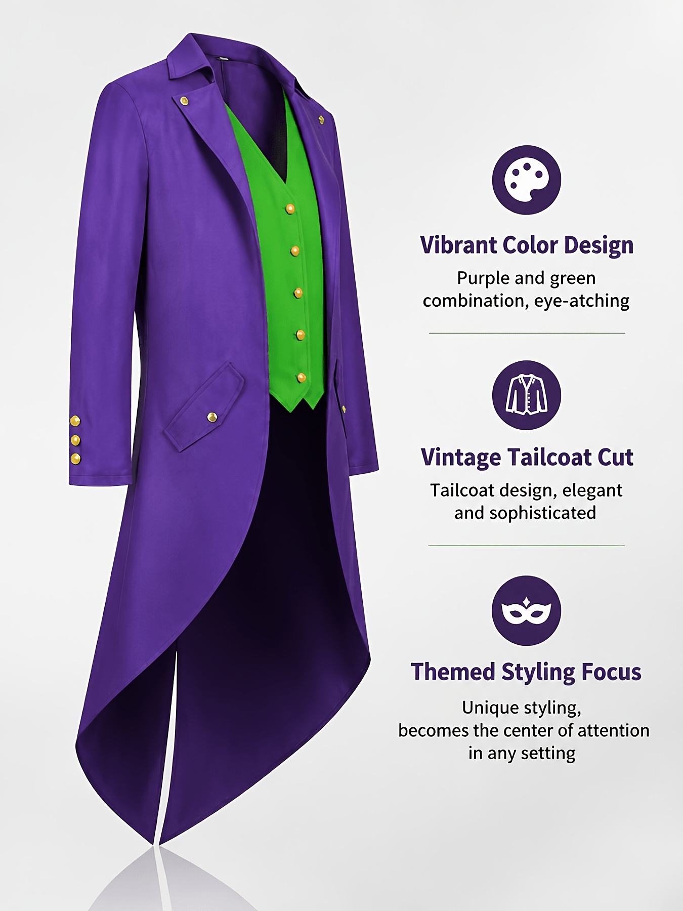 Halloween Costume An Interesting Clown Holiday Costume Top for Men, a Medium-length Tuxedo in a Purple and Green Colorblock Design. Suitable for Holiday Costumes and Street Performance Attire, Without Pockets - Image 4