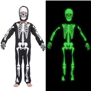 3pcs Scary Black And White Halloween Jumpsuit, Kids GID Skeleton, Glow in The Dark with Hood And Gloves