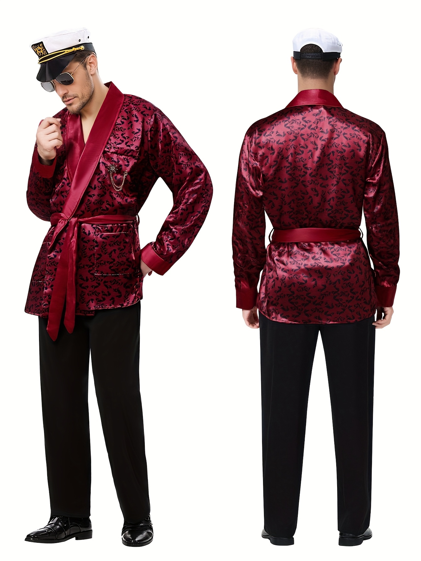 Halloween Hugh Hefner Costume Red Silky Robe Jacket & Pajama Pants Captain Costume Set with Hat Fashion Glasses Pipe Pin, Role Play Outfits Men - Image 4