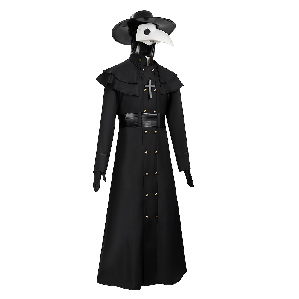 [Halloween] Halloween Costume Plague Doctor Halloween Costume, Bird-Beak Doctor Mask, Headgear, Gloves, Necklace, Hat, Belt, Coat, Cape, Horror Costume And Party And Cosplay Activity Additions, Role Play Outfits Men