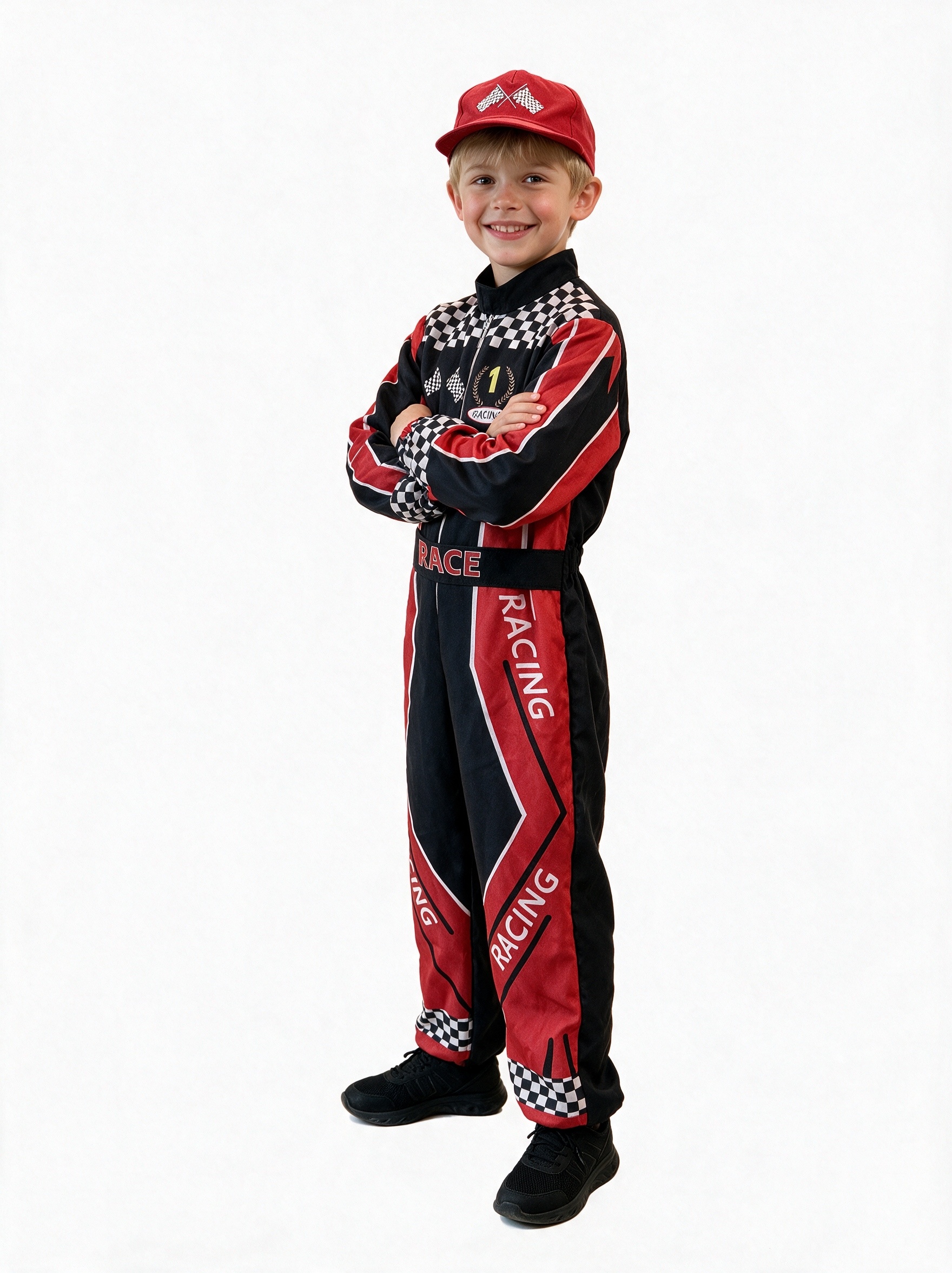 Handsome Boy Racing Suit, Set Includes Jumpsuit, Belt, and Hat, Suitable for Carnivals, Halloween, Stage Performances, Cosplay, Birthdays, and Various Parties