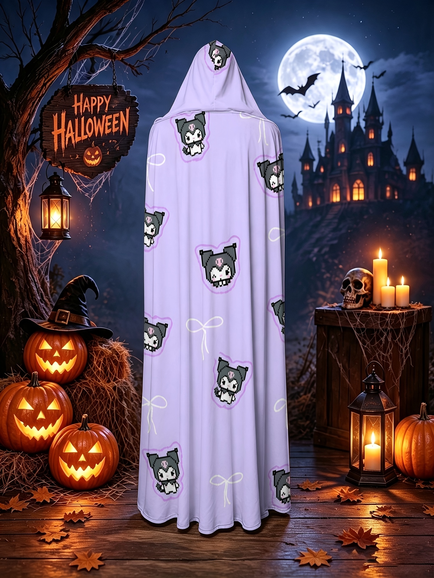 Sanrio 1pc Printed Cape Cloak | Pixel Art Kuromi with Purple Bow - Cartoon Halloween Hooded Cape, Party Costume and Daily Outerwear Cape, Suitable for Halloween Parties, Cosplay Themed Gatherings and Performances, Holiday Surprise Gift, Eye-Catching
