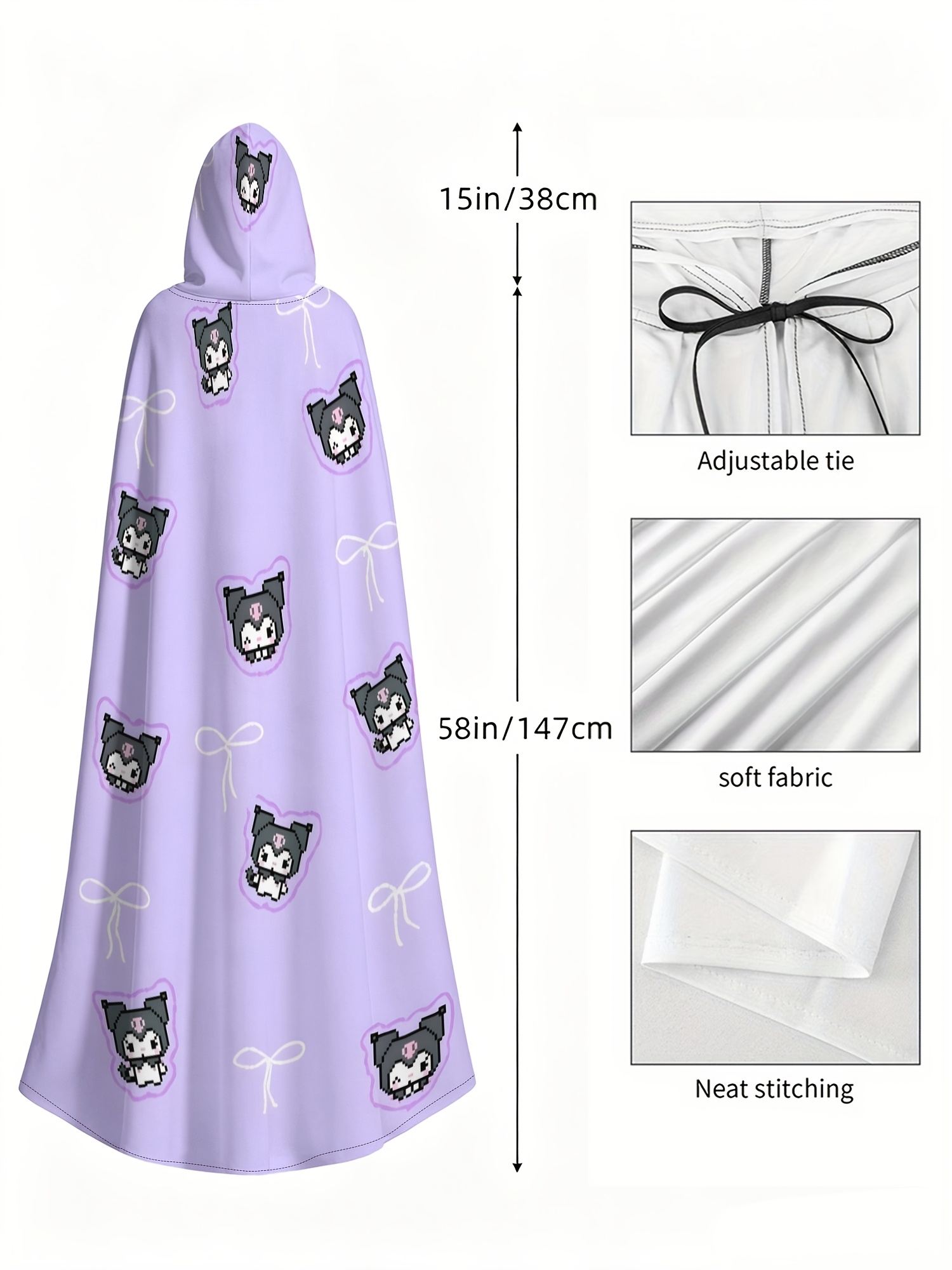 Sanrio 1pc Printed Cape Cloak | Pixel Art Kuromi with Purple Bow - Cartoon Halloween Hooded Cape, Party Costume and Daily Outerwear Cape, Suitable for Halloween Parties, Cosplay Themed Gatherings and Performances, Holiday Surprise Gift, Eye-Catching
