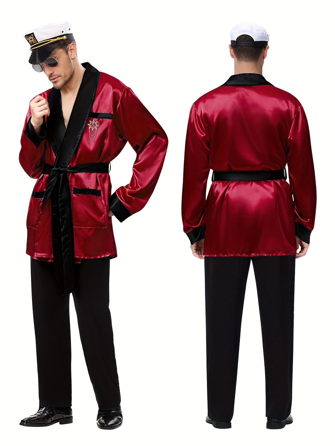 Halloween Hugh Hefner Costume Red Silky Robe Jacket & Pajama Pants Captain Costume Set with Hat Fashion Glasses Pipe Pin, Role Play Outfits Men - Image 5