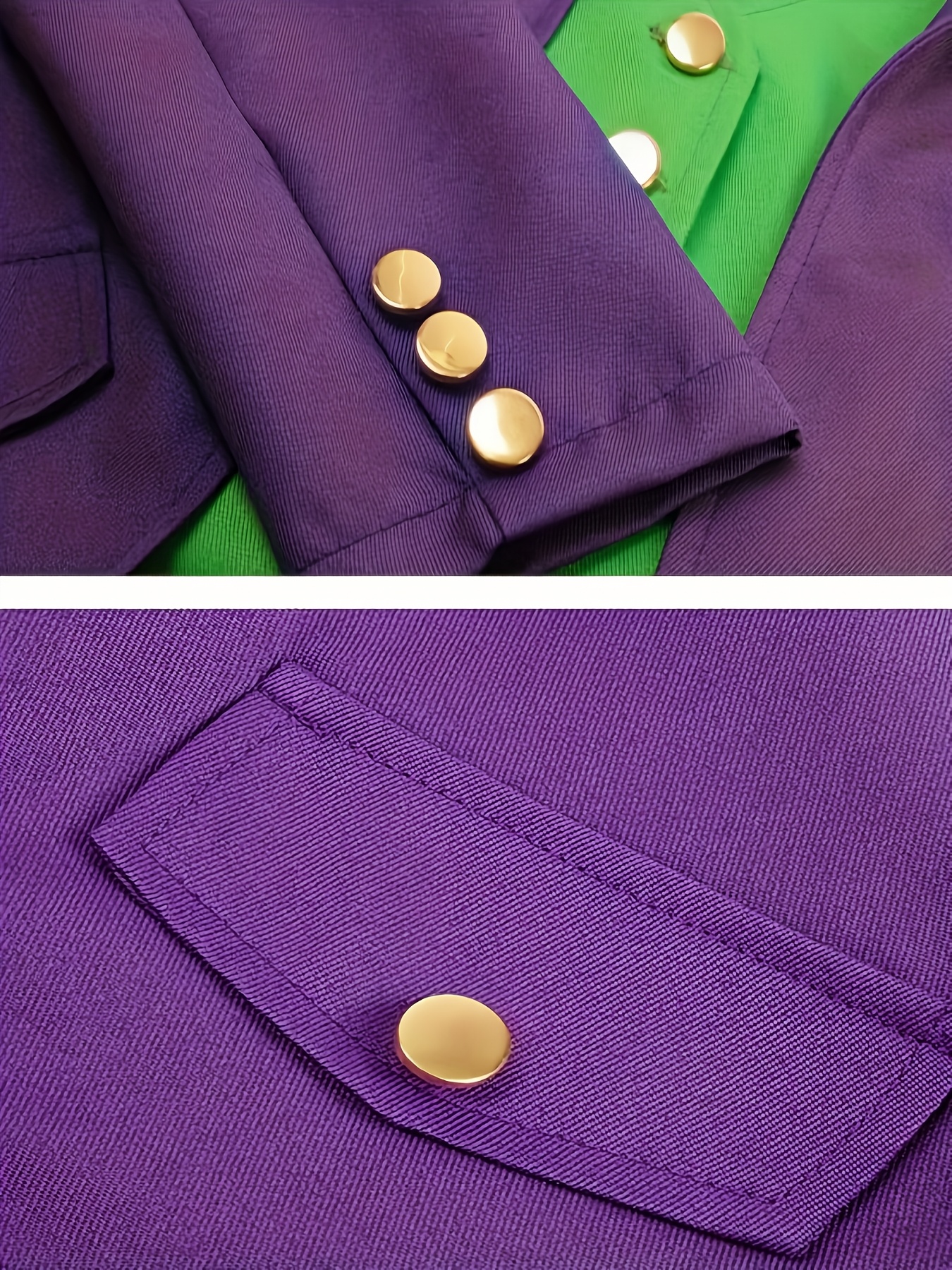 Halloween Costume An Interesting Clown Holiday Costume Top for Men, a Medium-length Tuxedo in a Purple and Green Colorblock Design. Suitable for Holiday Costumes and Street Performance Attire, Without Pockets