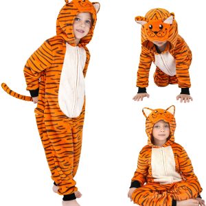 Father and son Kids Tiger Jumpsuit, with Detachable Tail, Novelty Unisex Kid Animal Outfit Christmas Halloween Dress Up Costume