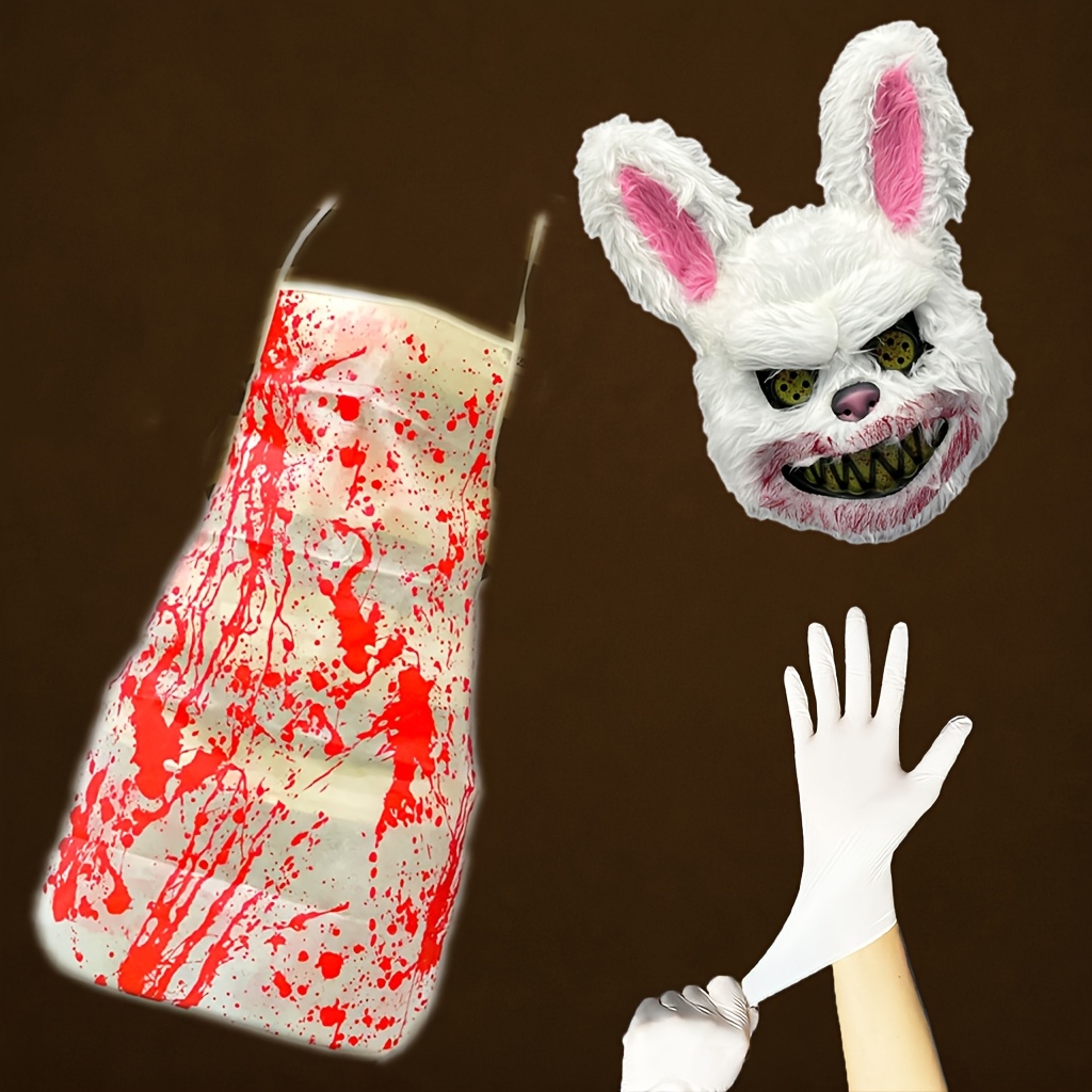 3pcs Mask + Apron + Gloves - Terrifying Halloween Costume Mask Set: Bloody Bear and Rabbit Costume Combo. The Set Includes a Mask, Apron, and Gloves, Suitable for Use as Costumes on Halloween Night, Carnivals, and Horror Parties. Unisex