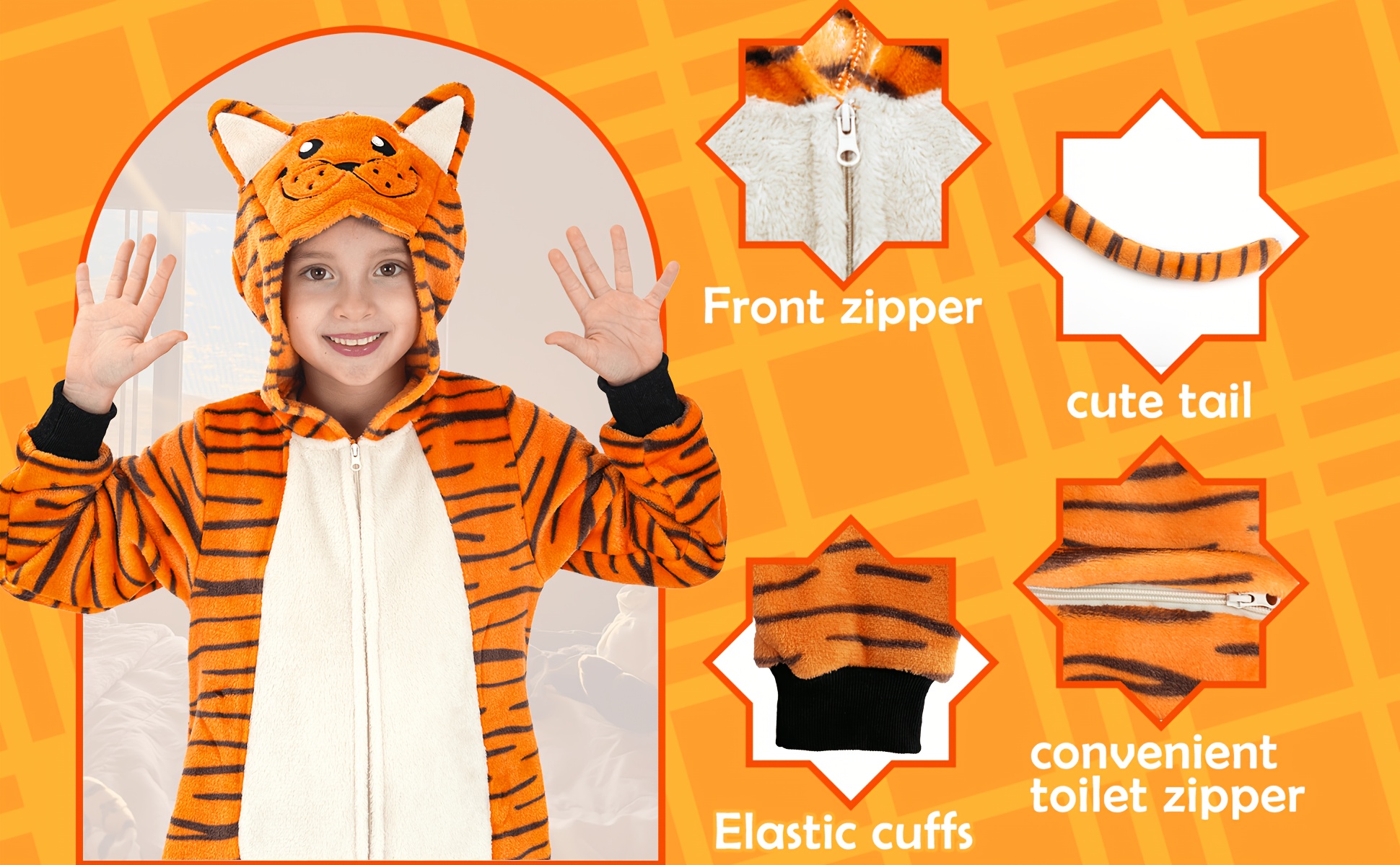 Father and son Kids Tiger Jumpsuit, with Detachable Tail, Novelty Unisex Kid Animal Outfit Christmas Halloween Dress Up Costume