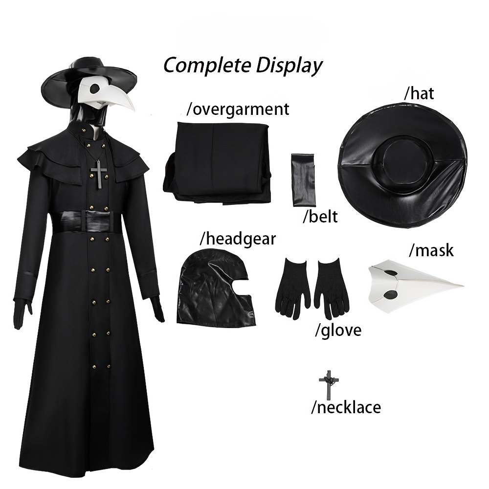 [Halloween] Halloween Costume Plague Doctor Halloween Costume, Bird-Beak Doctor Mask, Headgear, Gloves, Necklace, Hat, Belt, Coat, Cape, Horror Costume And Party And Cosplay Activity Additions, Role Play Outfits Men