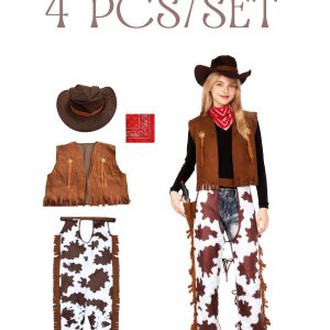 4pcs Hippie Western-Style Denim Women'S Set, Including Denim Printed Pants, Tank Top, Hat, And Headscarf, Ideal for Halloween Cosplay And Wild West-Themed Party Outfits