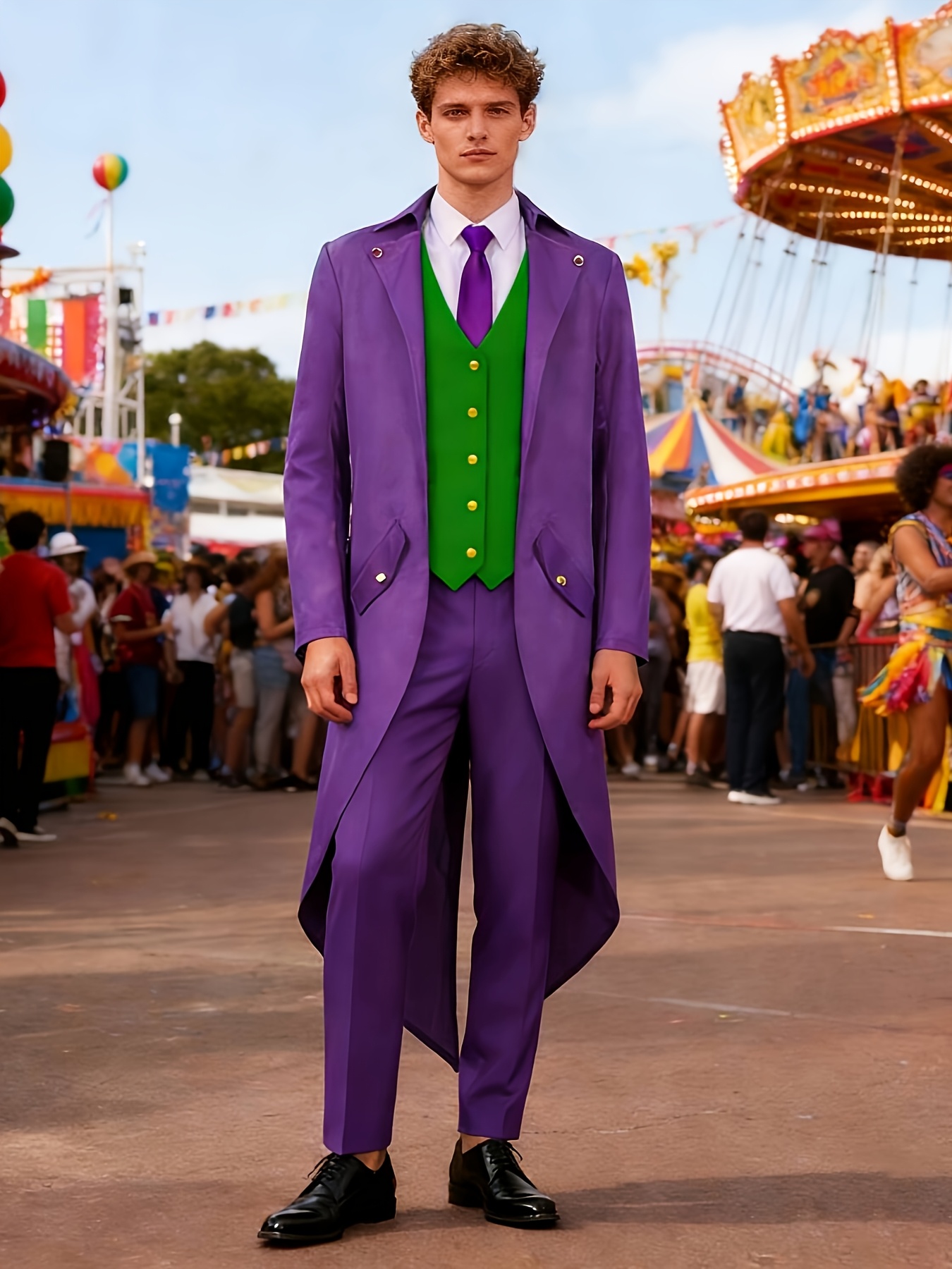 Halloween Costume An Interesting Clown Holiday Costume Top for Men, a Medium-length Tuxedo in a Purple and Green Colorblock Design. Suitable for Holiday Costumes and Street Performance Attire, Without Pockets