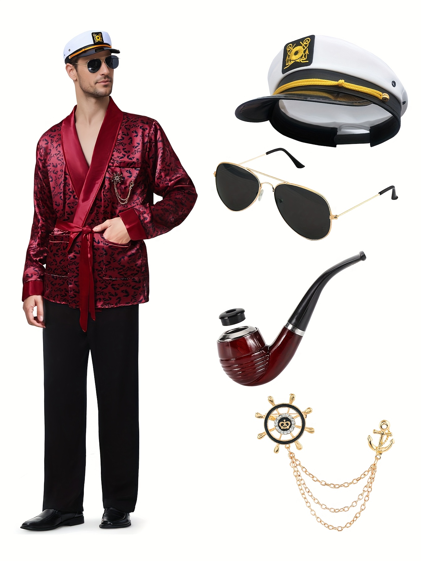 Halloween Hugh Hefner Costume Red Silky Robe Jacket & Pajama Pants Captain Costume Set with Hat Fashion Glasses Pipe Pin, Role Play Outfits Men - Image 2