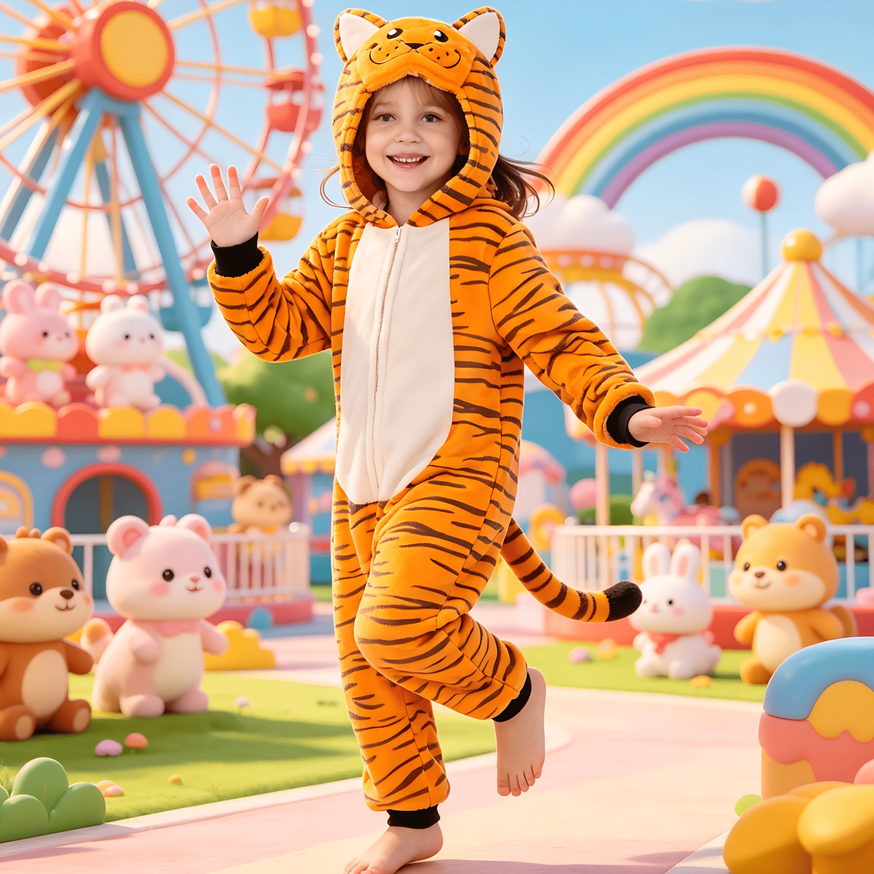 Kids Tiger Jumpsuit, with Detachable Tail, Novelty Unisex Kid Animal Outfit Christmas Halloween Dress Up Costume