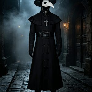 [Halloween] Halloween Costume Plague Doctor Halloween Costume, Bird-Beak Doctor Mask, Headgear, Gloves, Necklace, Hat, Belt, Coat, Cape, Horror Costume And Party And Cosplay Activity Additions, Role Play Outfits Men