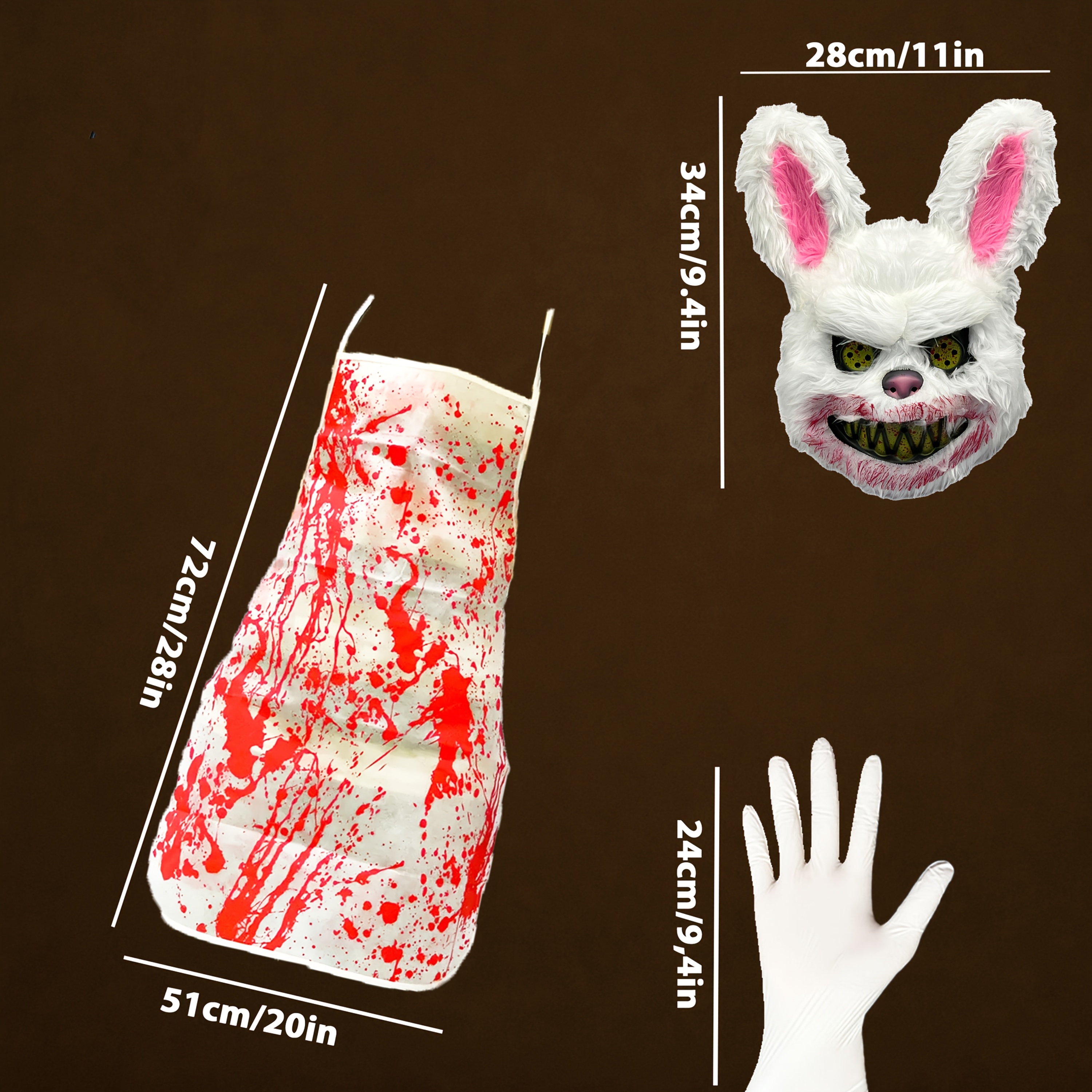 3pcs Mask + Apron + Gloves - Terrifying Halloween Costume Mask Set: Bloody Bear and Rabbit Costume Combo. The Set Includes a Mask, Apron, and Gloves, Suitable for Use as Costumes on Halloween Night, Carnivals, and Horror Parties. Unisex