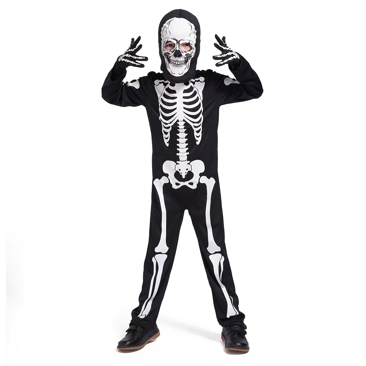 3pcs Scary Black And White Halloween Jumpsuit, Kids GID Skeleton, Glow in The Dark with Hood And Gloves