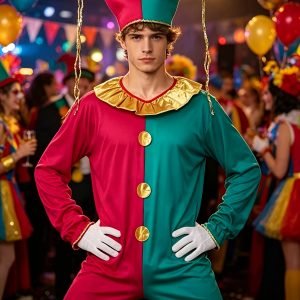 [Color Block Court Jumpsuit] Red Green Jester Bodysuit Set | Men's Long Sleeve Costume with Hat | Adult Halloween Carnival Party