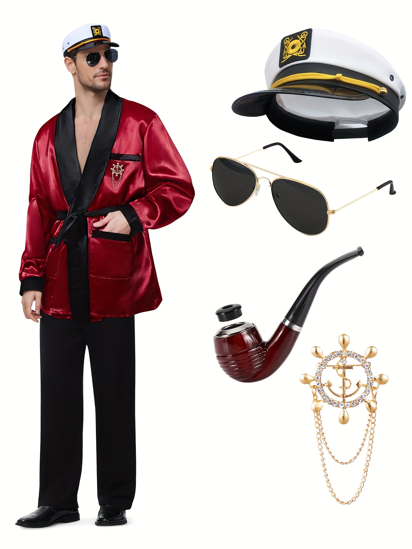 Halloween Hugh Hefner Costume Red Silky Robe Jacket & Pajama Pants Captain Costume Set with Hat Fashion Glasses Pipe Pin, Role Play Outfits Men - Image 3