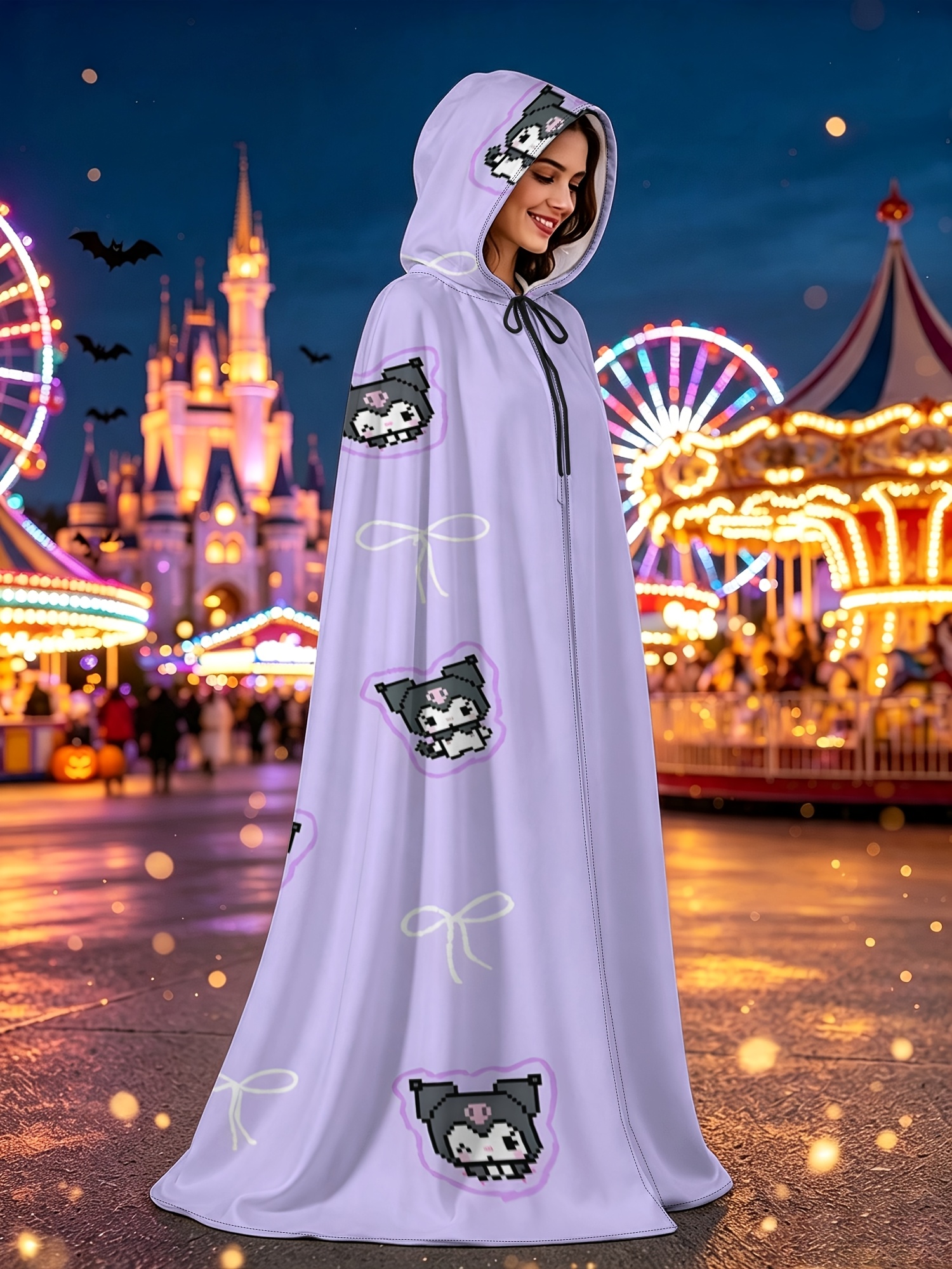 Sanrio 1pc Printed Cape Cloak | Pixel Art Kuromi with Purple Bow - Cartoon Halloween Hooded Cape, Party Costume and Daily Outerwear Cape, Suitable for Halloween Parties, Cosplay Themed Gatherings and Performances, Holiday Surprise Gift, Eye-Catching