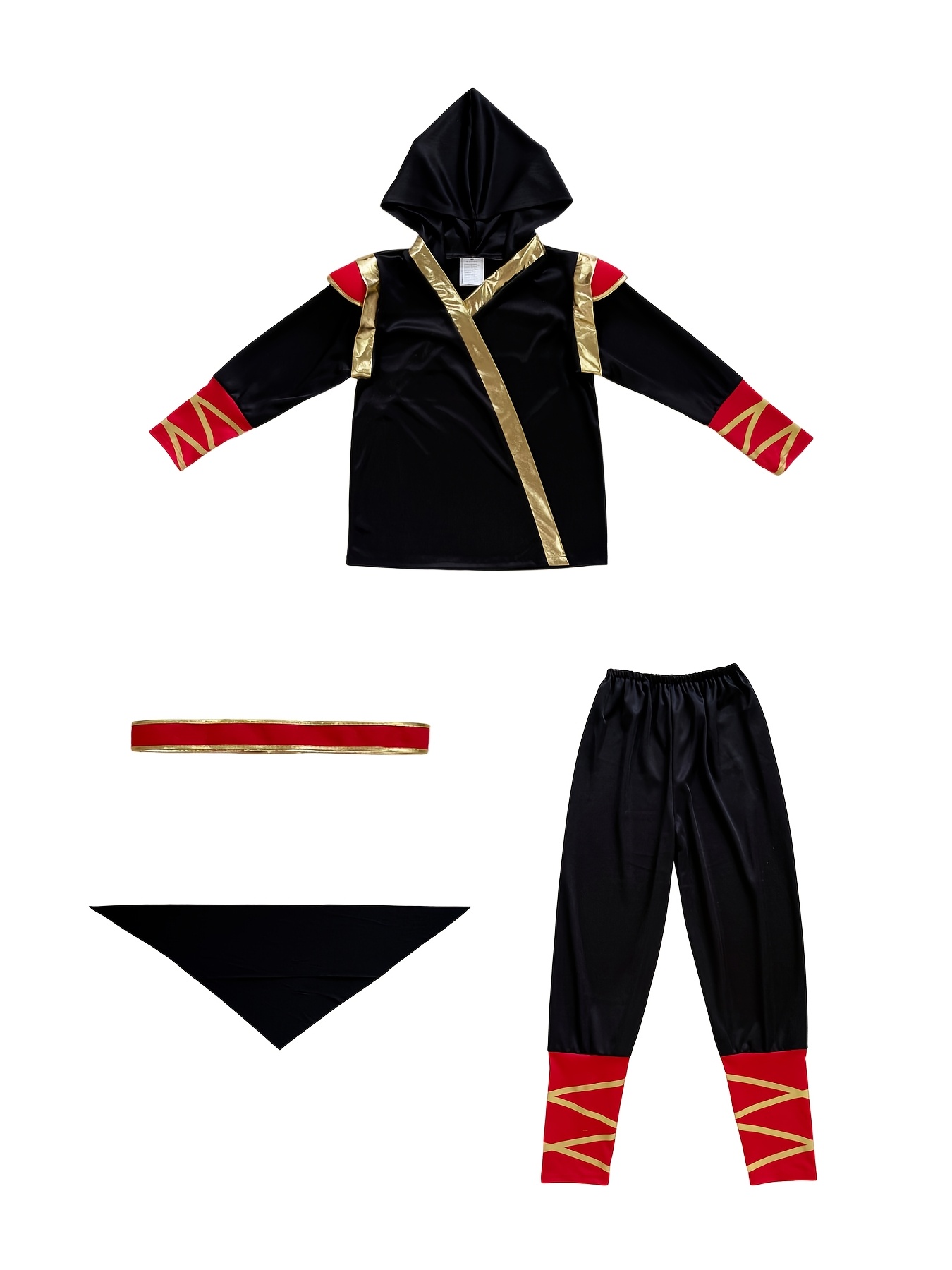 Red And Golden Color-Block Cool Ninja Boy Outfit, Night Patrol, Set Includes Top, Pants, Belt, And Headscarf, Suitable for Carnival, Halloween, Performance, Birthday, And Various Parties