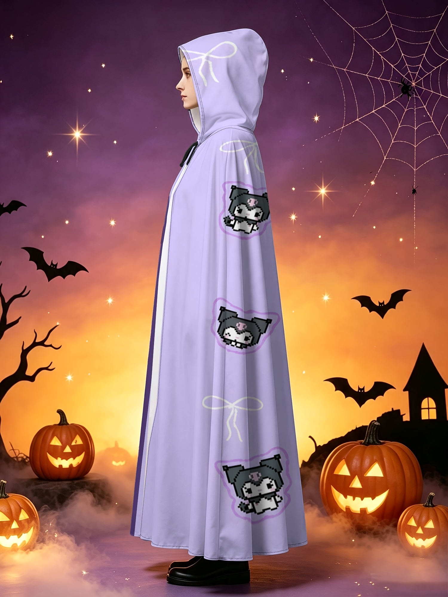 Sanrio 1pc Printed Cape Cloak | Pixel Art Kuromi with Purple Bow - Cartoon Halloween Hooded Cape, Party Costume and Daily Outerwear Cape, Suitable for Halloween Parties, Cosplay Themed Gatherings and Performances, Holiday Surprise Gift, Eye-Catching