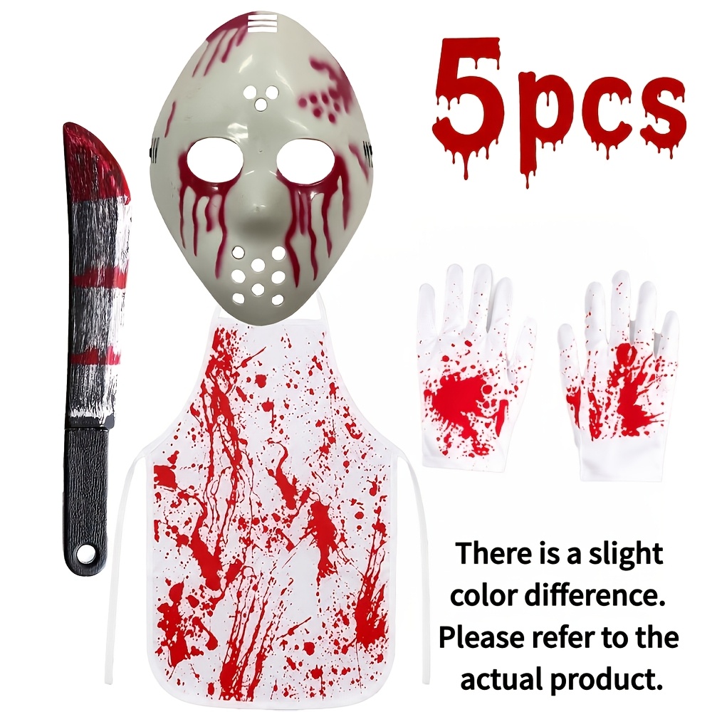 5pcs Bloody Horror Halloween Cosplay Costume Set • Including Blood Splatter Apron, Ice Ball Style Mask, Gloves, And Fake Knife Props • Suitable for Adult Halloween Parties And Photo Booths - Image 3