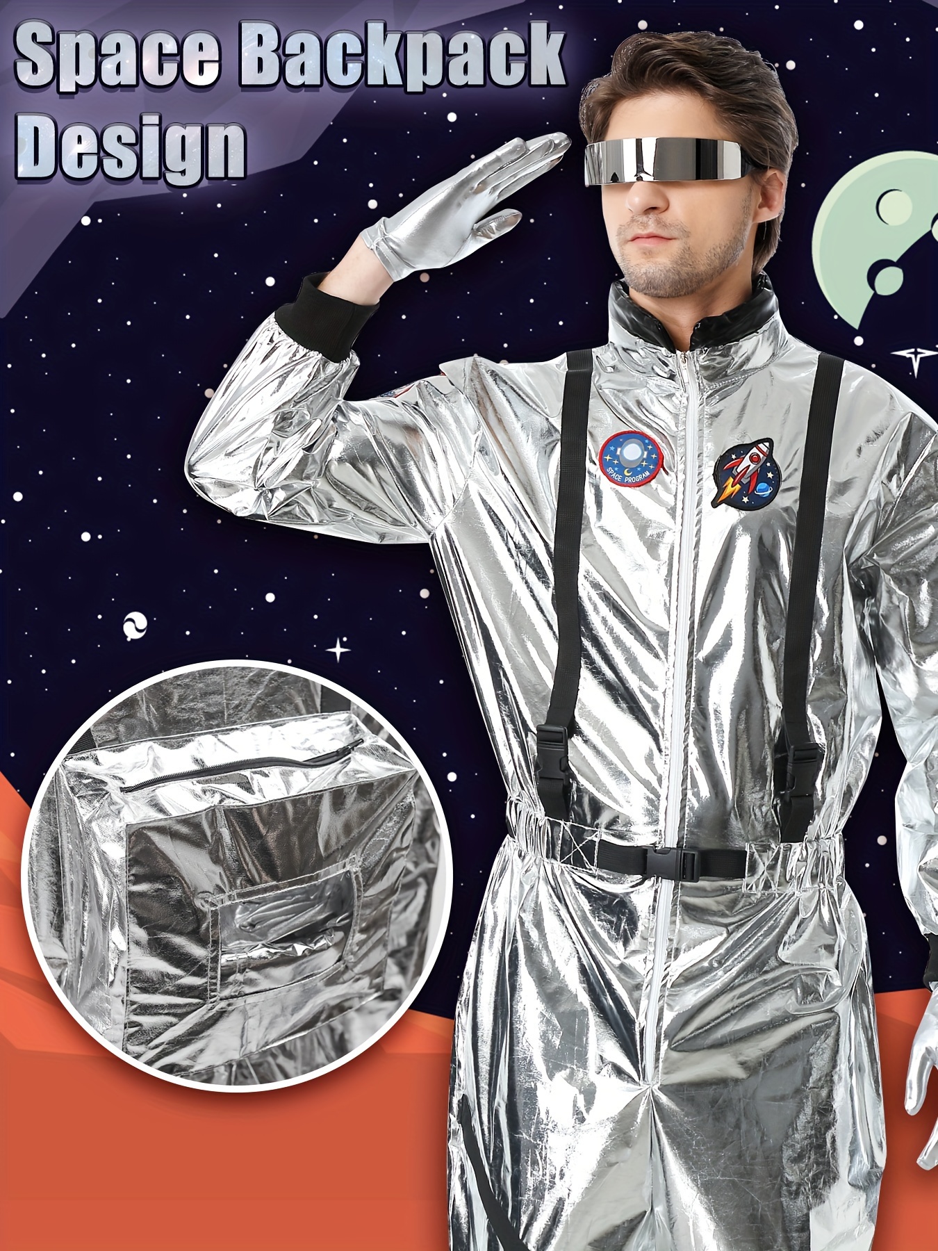 Men'S Silvery Astronaut Costume - Space Suit with Helmet, Gloves And Glasses Perfect for Halloween, Cosplay, Space-Themed Parties And Role Play, Role Play Outfits Men - Image 3
