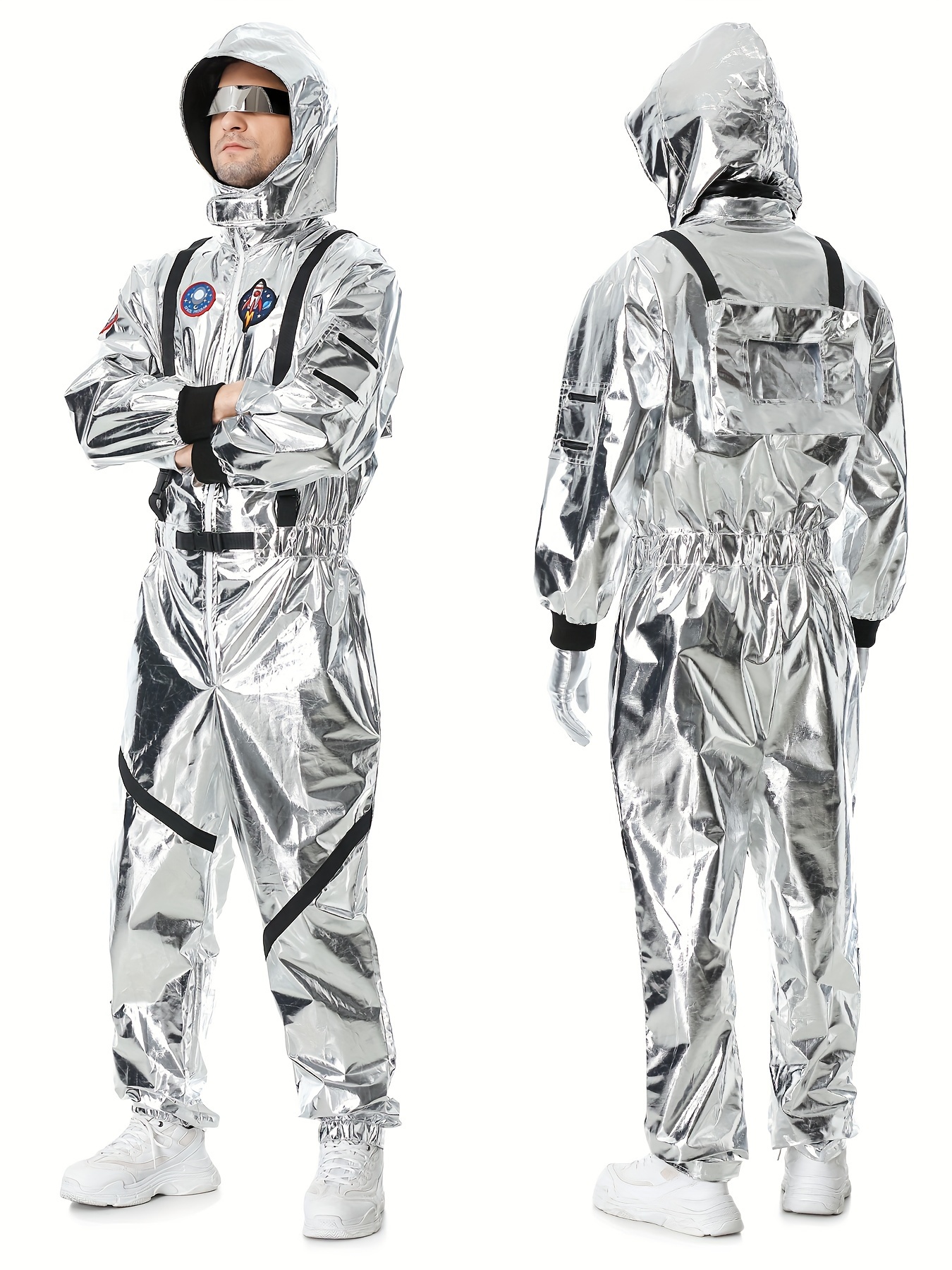 Men'S Silvery Astronaut Costume - Space Suit with Helmet, Gloves And Glasses Perfect for Halloween, Cosplay, Space-Themed Parties And Role Play, Role Play Outfits Men - Image 2