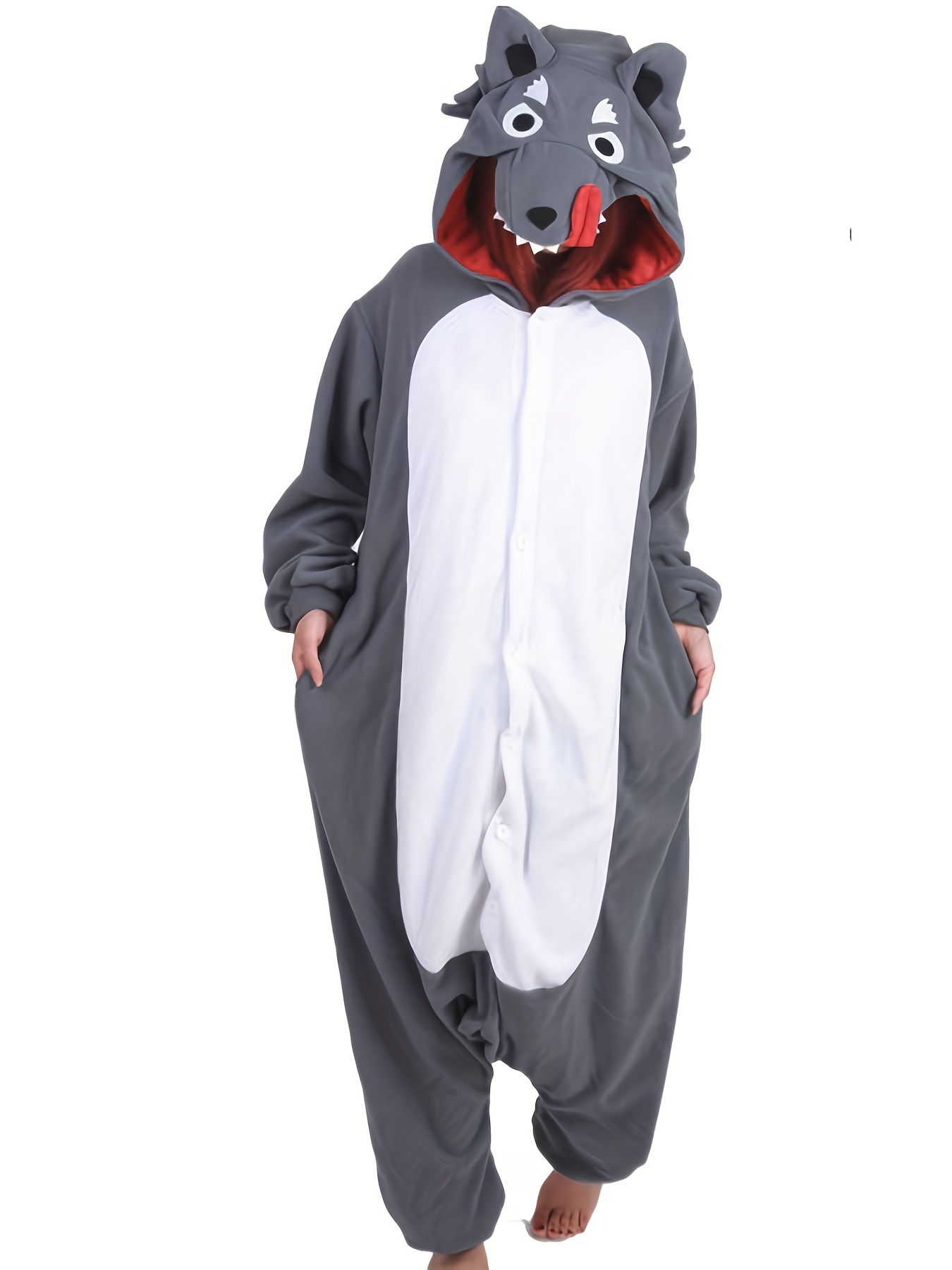 Big Bad Wolf Adult Men'S Fleece Thickened Cartoon Onesie Pajamas, Halloween Autumn And Winter Thickened Animal Onesie Pajamas Long-Sleeved Hooded Warm Bathrobe Funny Masquerade Party Costume - Image 2