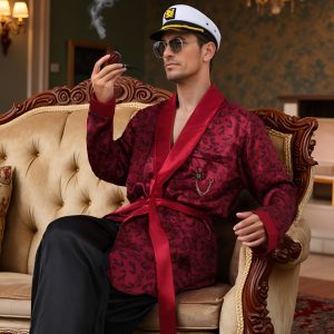 Halloween Hugh Hefner Costume Red Silky Robe Jacket & Pajama Pants Captain Costume Set with Hat Fashion Glasses Pipe Pin, Role Play Outfits Men