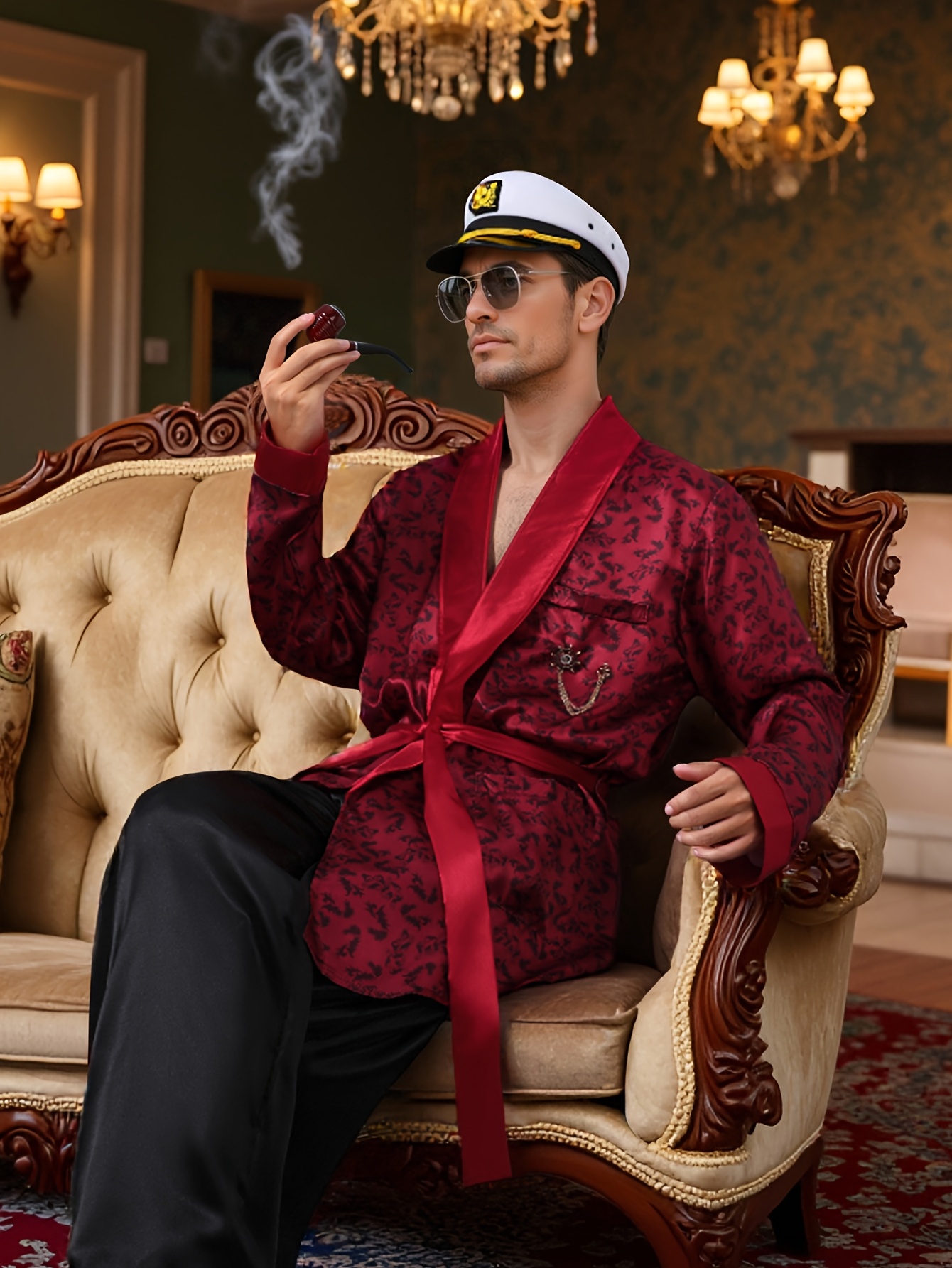 Halloween Hugh Hefner Costume Red Silky Robe Jacket & Pajama Pants Captain Costume Set with Hat Fashion Glasses Pipe Pin, Role Play Outfits Men