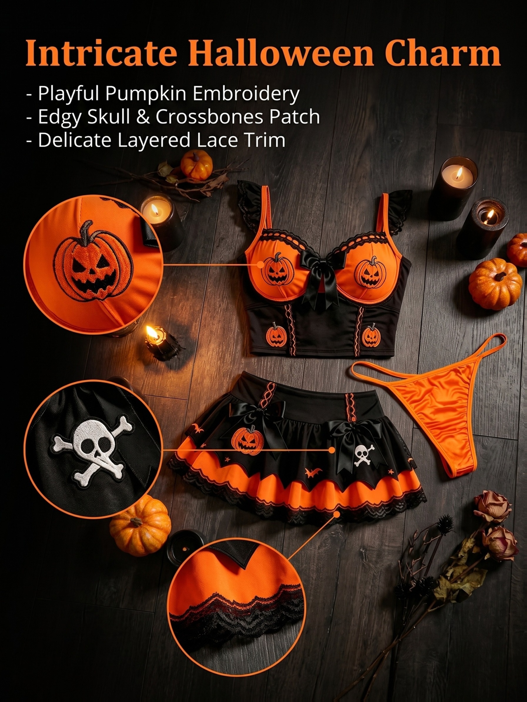 3pcs Halloween Lingerie Set for Women, Pumpkin Embroidery Witch Bustier Mini Skirt with Matching Thong, Gothic Spooky Pumpkin Festival Cosplay Costume - Image 2